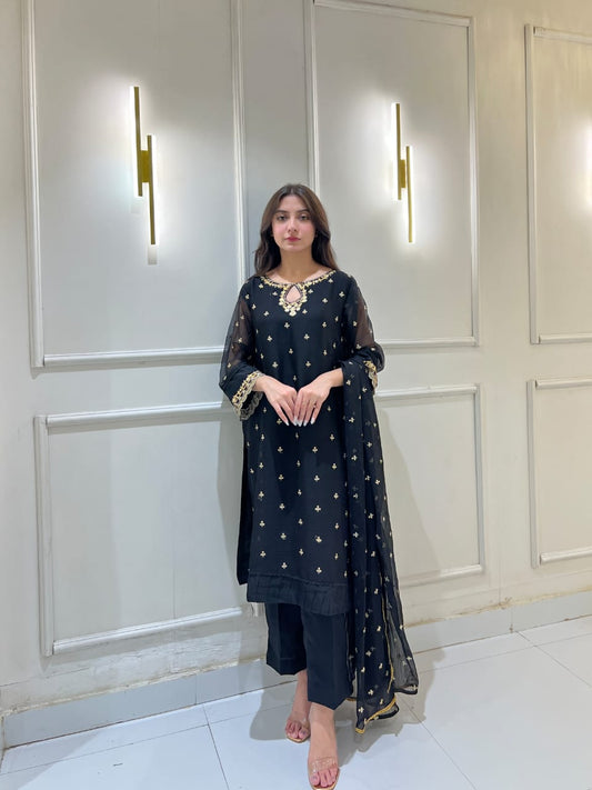 Veloura – Black Embroidered 3-Piece Stitched Chiffon Suit