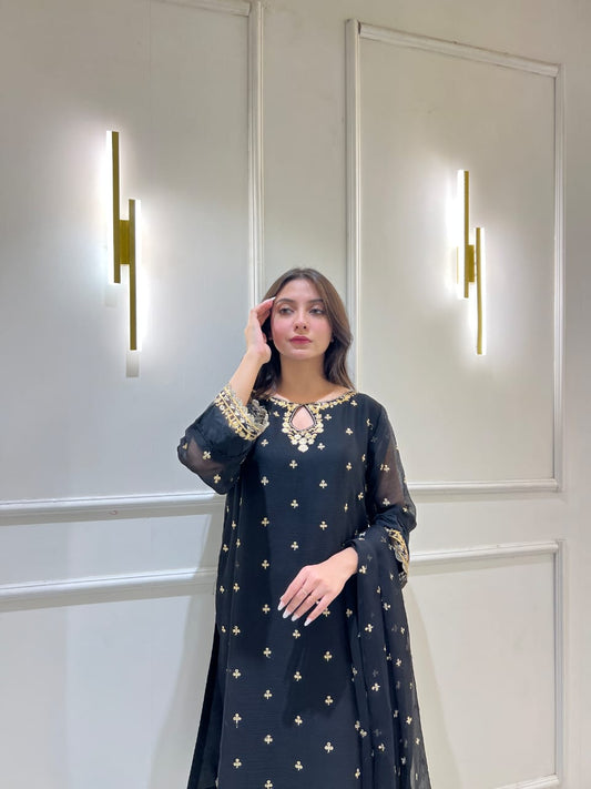 Veloura – Black Embroidered 3-Piece Stitched Chiffon Suit