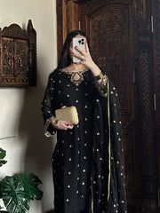 Veloura – Black Embroidered 3-Piece Stitched Chiffon Suit