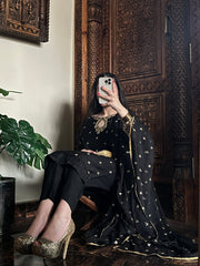 Veloura – Black Embroidered 3-Piece Stitched Chiffon Suit