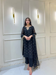 Veloura – Black Embroidered 3-Piece Stitched Chiffon Suit