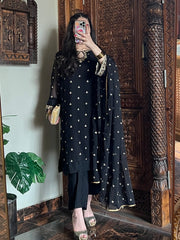 Veloura – Black Embroidered 3-Piece Stitched Chiffon Suit