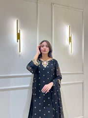Veloura – Black Embroidered 3-Piece Stitched Chiffon Suit